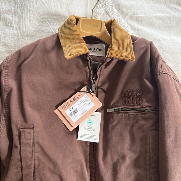 Miu Miu AUTHENTIC NEW Brown Zip-Up Corduroy Collar Crop Padded Bomber Jacket - Picture 5 of 8
